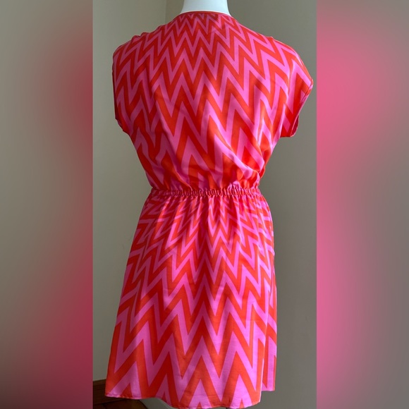 Amanda Uprichard Orange & Red Geometric V Neck Mini Dress 100% Silk Chev… - Picture 7 of 13